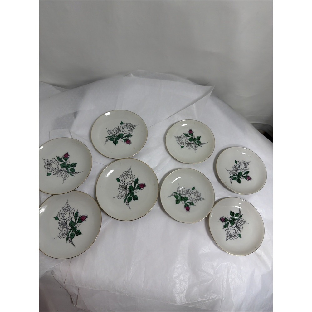 8 Vintage Rosebud Porcelain Japan Tea 4 Saucers 4 Pastry Mini Sandwich Plates